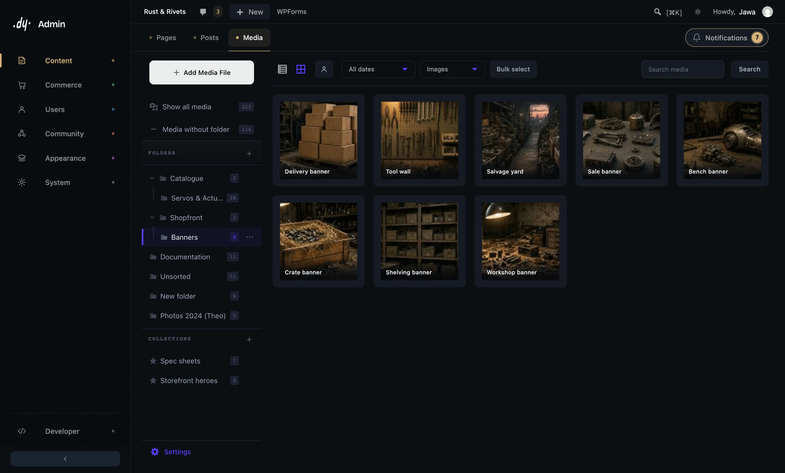 The media library inside Refined Admin Dashboard: folders and collections on the left, the grid on the right